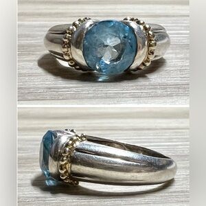 Vintage Designer Signed Sterling Silver & 14k Gold Beaded Blue Topaz Ring